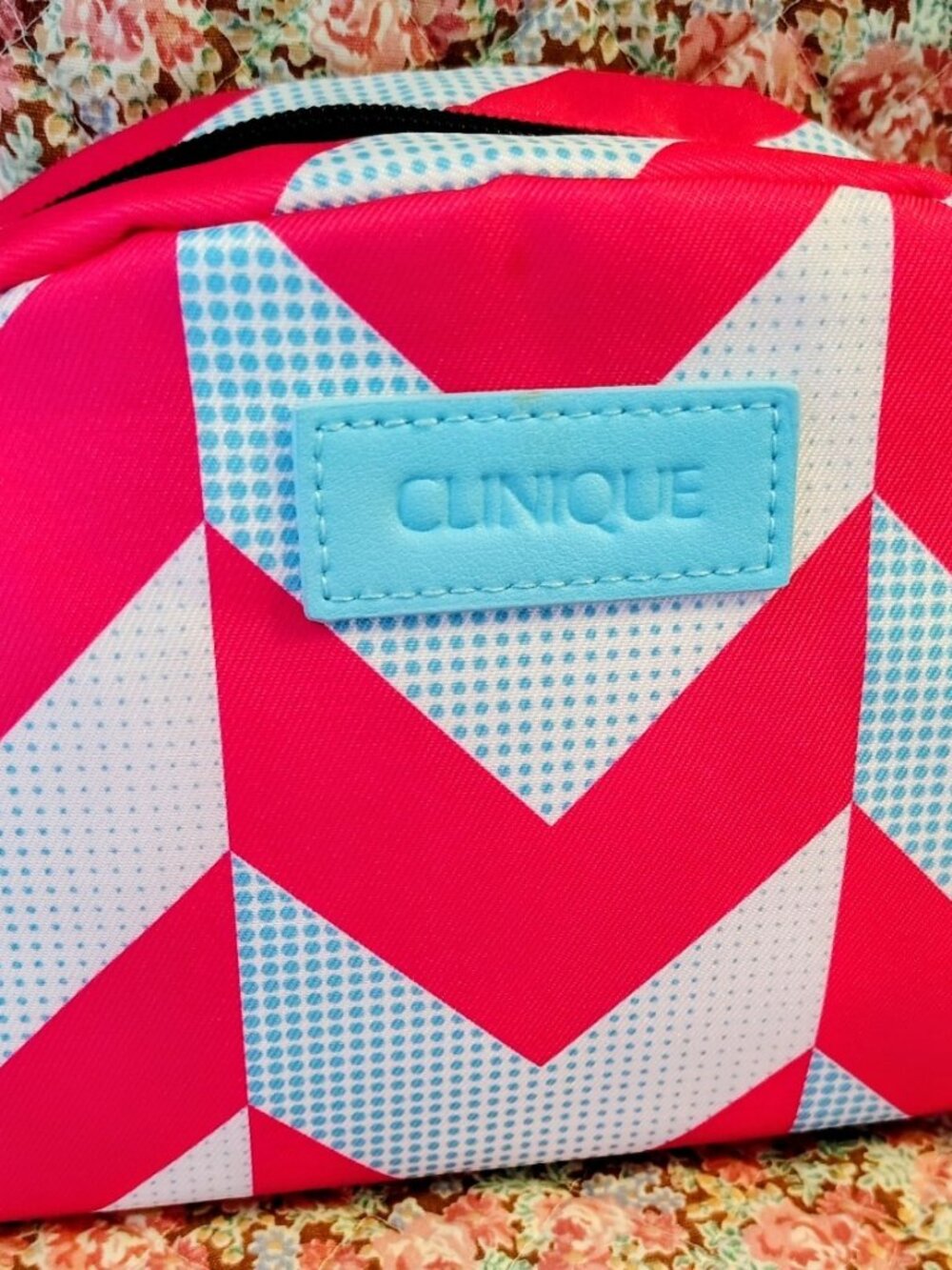 NWT Clinique Make Up Bag Cosmetics Pink & Blue Chevron